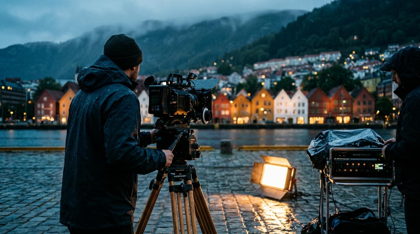 Filmteam med kamera og lys på kaia i Bergen en regnfull kveld, med Bryggen i bakgrunnen