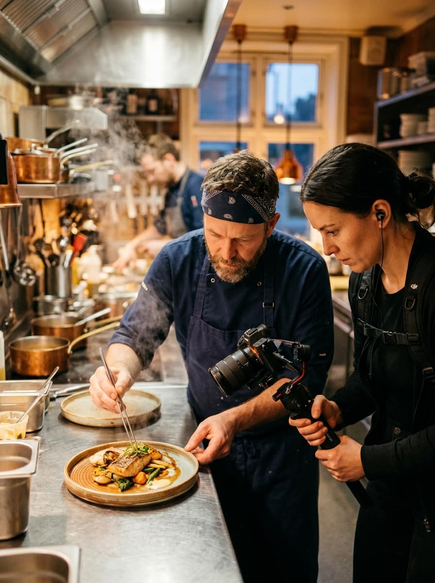 Videograf filmer en kokk som anretter mat på en restaurant, til sosiale medier